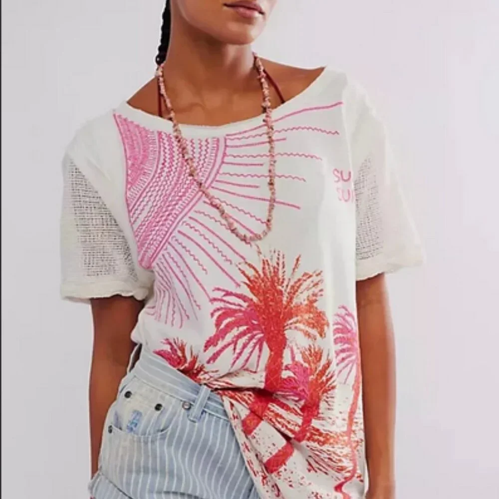 Free People We The Free Rising Sun Tee Top Mesh Printed Embroidered S